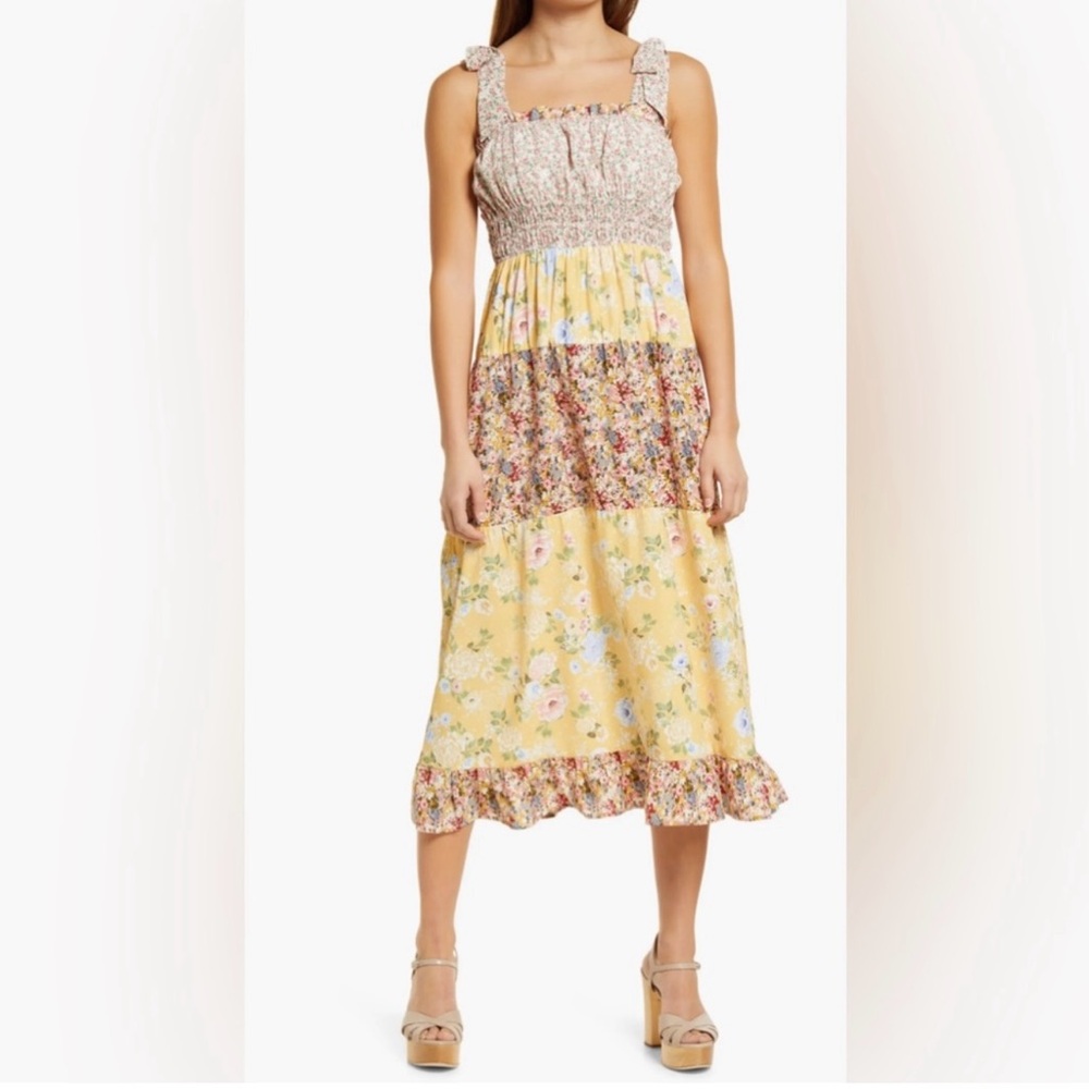 Adelyn Rae Luana Size‎ Small Mixed Floral Print Midi Dress in Yellow